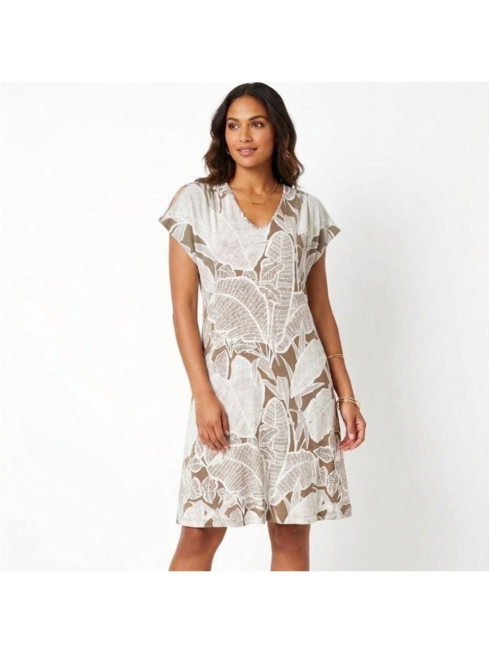 Tommy Bahama Tropical Palm Midi Dress XS Brown White Stretch Resortwear Beach
